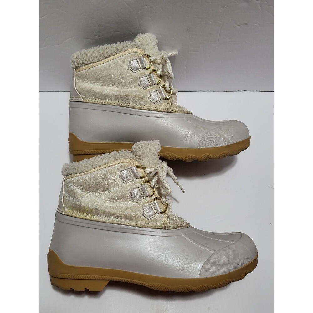 Sperry White Beige Faux Fur Ankle Snow Boot Women Lace-Up Water Resistant 6M